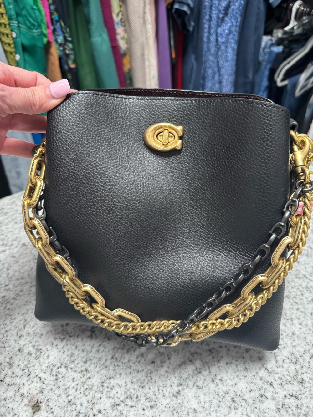 Coach Black Pebbled Leather Shoulder Bag with Gold Chain